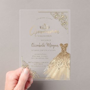 Invitations En Acrylique Diadème de robe verte chic or, diamants Quinceañer