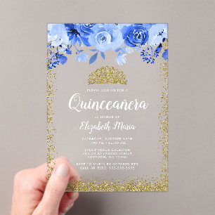 Invitations En Acrylique Diadème Paillettes Or Faux Fleurs Bleues Quinceane