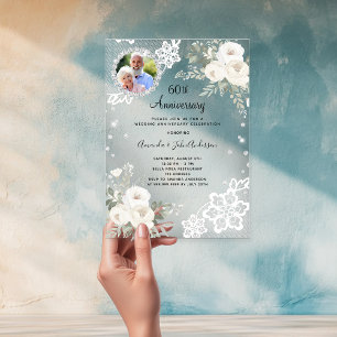 Invitations En Acrylique Diamants argentés floraux 60e anniversaire de mari