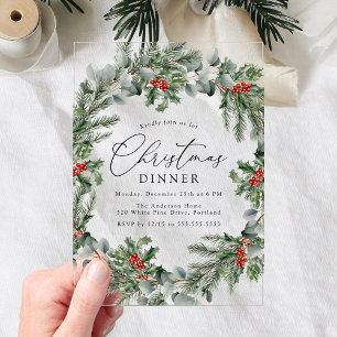 Invitations En Acrylique Dîner de Noël aux Baies et au Pin de Houx Élégants