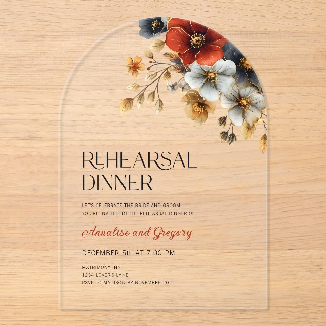 Invitations En Acrylique Dîner de répétition du Mariage Floral Automne (Recto)