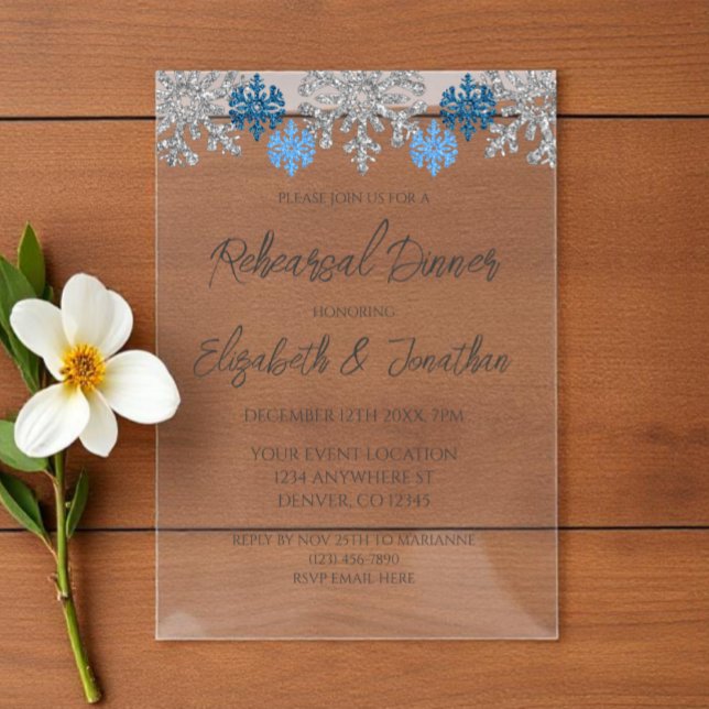 Invitations En Acrylique Dîner de répétition hivernal Silver Blue Snowflake (Créateur téléchargé)