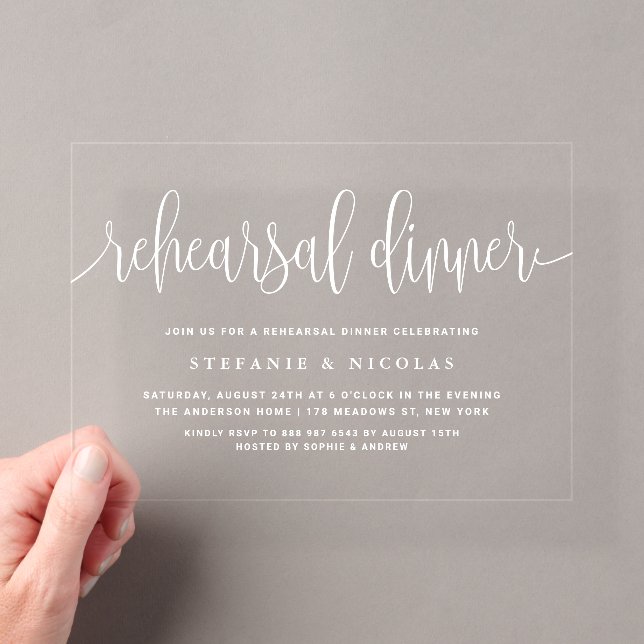 Invitations En Acrylique Dîner de répétition White Pretty Calligraphy (In situ (ordinateur de poche))