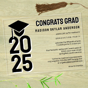 Invitations En Acrylique Diplômé 2025 Casquette N Tassel Noir Et Blanc Remi