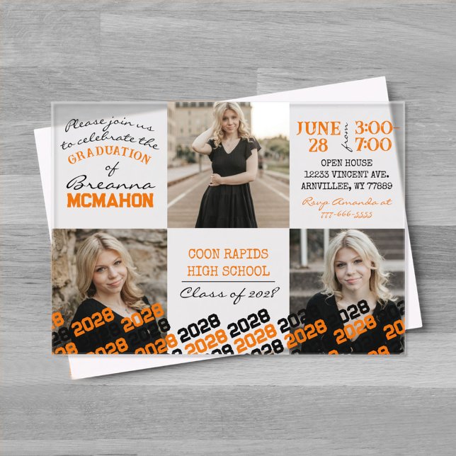 Invitations En Acrylique Diplôme Orange & Noir unique 3 Photo Frosted (Unique Orange and Black Graduation Acrylic Party Invitations)