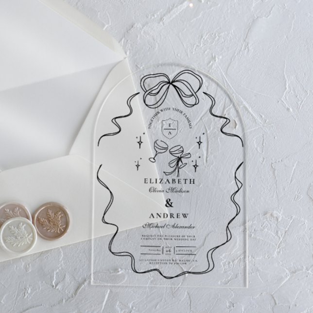 Invitations En Acrylique Doodle Champagne Whimsical Bow Mariage (Créateur téléchargé)