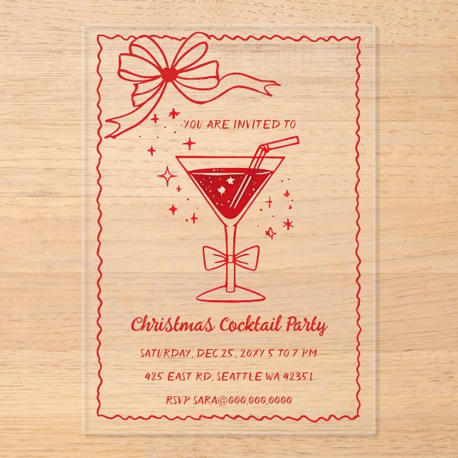 Invitations En Acrylique Doodle Hand drawn Pink Red Bow Christmas Cocktails (Recto)