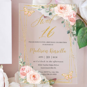 Invitations En Acrylique Douce Fête des 16 ans Seize Fleurs Roses Papillons