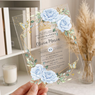Invitations En Acrylique Douce Fleur Bleue Bébé Papillons Or Quinceanera