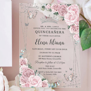 Invitations En Acrylique Douce Fleur de Cerisier Rose Papillons Quinceanera