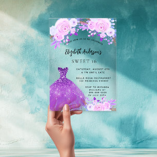 Invitations En Acrylique Doux 16 fleurs violettes roses robe claire