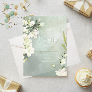 Invitations En Acrylique Dragonfly Floral Sweet 16 Vert de Sauge ID1310