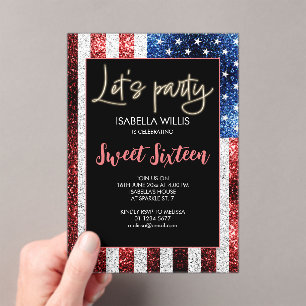 Invitations En Acrylique Drapeau américain mousseux Sweet 16 Anniversaire L