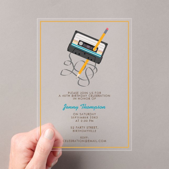 Invitations En Acrylique Drôle 80s Musique Retro Cassette Bande 40e anniver (In situ (ordinateur de poche))