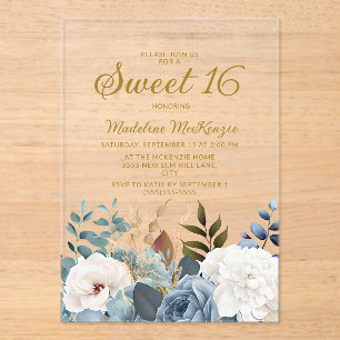 Invitations En Acrylique Dusty Bleu Blanc Floral Doux 16