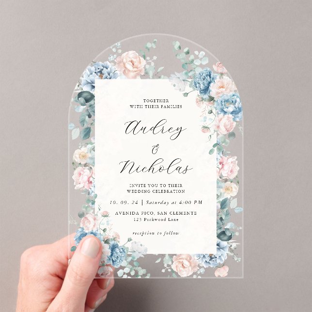 Invitations En Acrylique Dusty Blue and Peach Elegant Floral Wedding (In situ (ordinateur de poche))