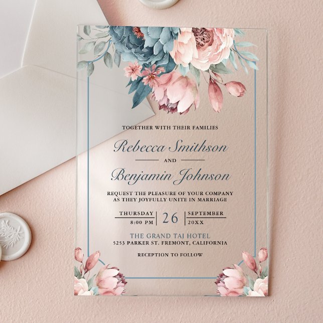 Invitations En Acrylique Dusty Blue and Pink Floral Wedding (Créateur téléchargé)