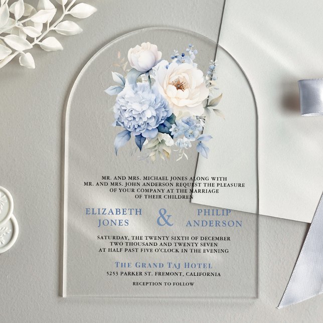 Invitations En Acrylique Dusty Blue and White Floral Wedding (Créateur téléchargé)