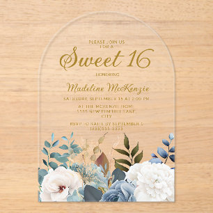 Invitations En Acrylique Dusty Blue Blanc Floral Arch Sweet 16 
