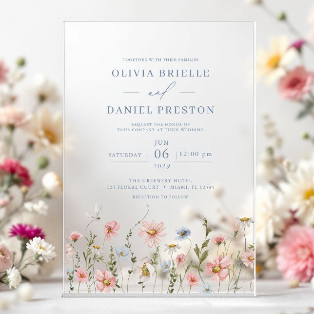 Invitations En Acrylique Dusty Blue Boho Fleur sauvage Jardin Mariage (Créateur téléchargé)