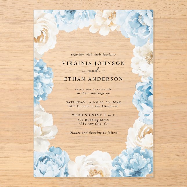 Invitations En Acrylique Dusty Blue Champagne Pierres d'ivoire Mariage flor (Recto)