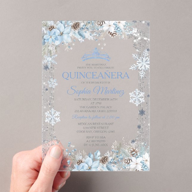 Invitations En Acrylique Dusty Blue Christmas Floral Snowflake Quinceañera (In situ (ordinateur de poche))