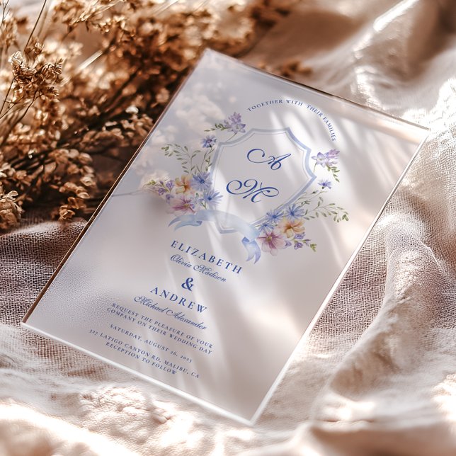 Invitations En Acrylique Dusty Blue Crest Floral Wedding (Créateur téléchargé)