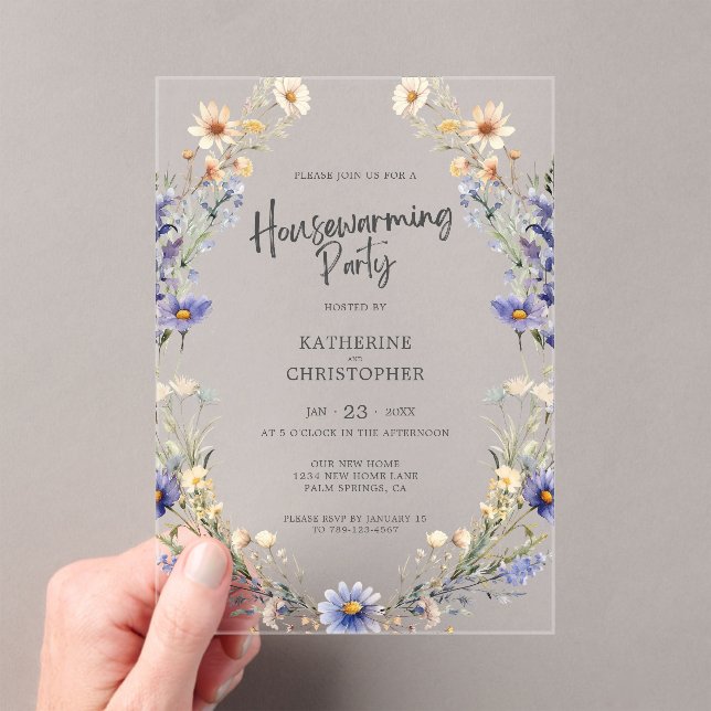 Invitations En Acrylique Dusty Blue Fleurs sauvages Custom House Party (In situ (ordinateur de poche))