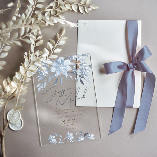 Invitations En Acrylique Dusty Blue Floral Chic Script hiver thème Mariage (Créateur téléchargé)