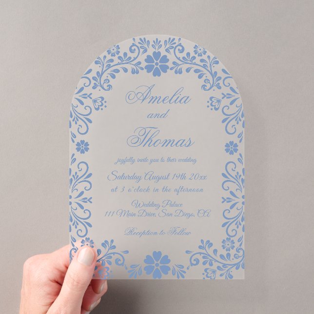 Invitations En Acrylique Dusty Blue Floral Mariage (In situ (ordinateur de poche))