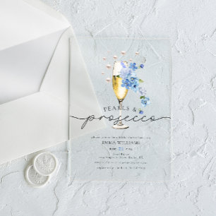 Invitations En Acrylique Dusty Blue Floral Pearls & Prosecco Fête des marié