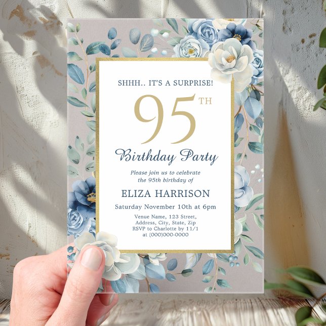 Invitations En Acrylique Dusty Blue Floral Surprise 95e anniversaire (Créateur téléchargé)