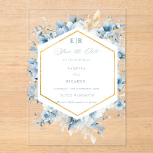 Invitations En Acrylique Dusty Blue Gold Floral Bloom tout en un Mariage