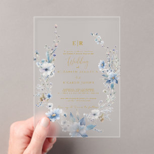 Invitations En Acrylique Dusty Blue Gold Floral Spring Bloom Mariage