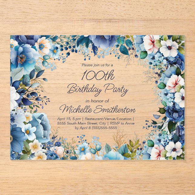 Invitations En Acrylique Dusty Blue Navy Blanc Floral 100e anniversaire (Recto)