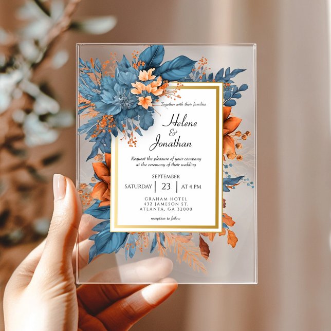 Invitations En Acrylique Dusty Blue Orange Floral Elegant Boho Mariage (Dusty Blue Orange Floral Elegant Boho Wedding Acrylic Invitations)