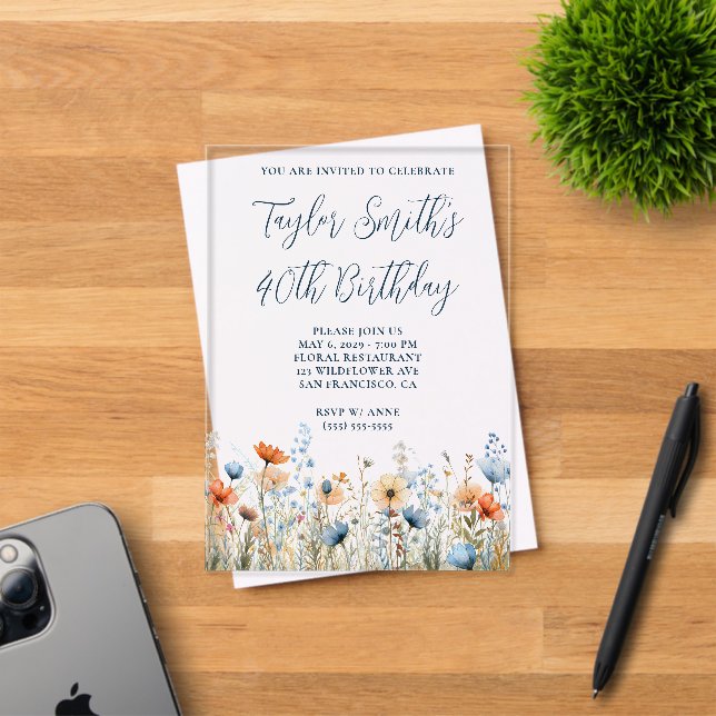Invitations En Acrylique Dusty Blue Peach Fleurs sauvages 40e anniversaire (Insitu (Carte d'invitation))