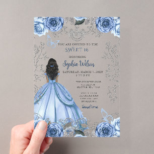 Invitations En Acrylique Dusty Blue Silver Floral Princess SWEET 16