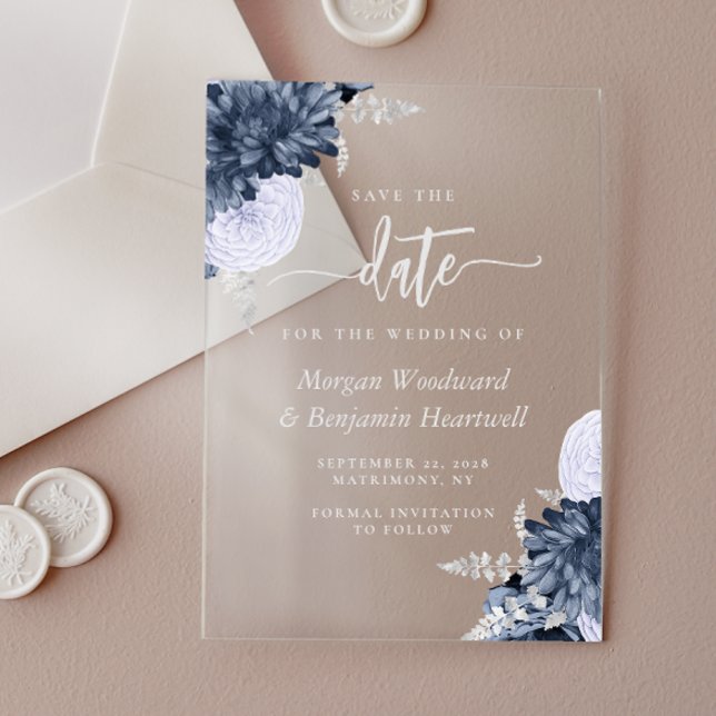 Invitations En Acrylique Dusty Blue Silver Floral Wedding Save the Date (Créateur téléchargé)