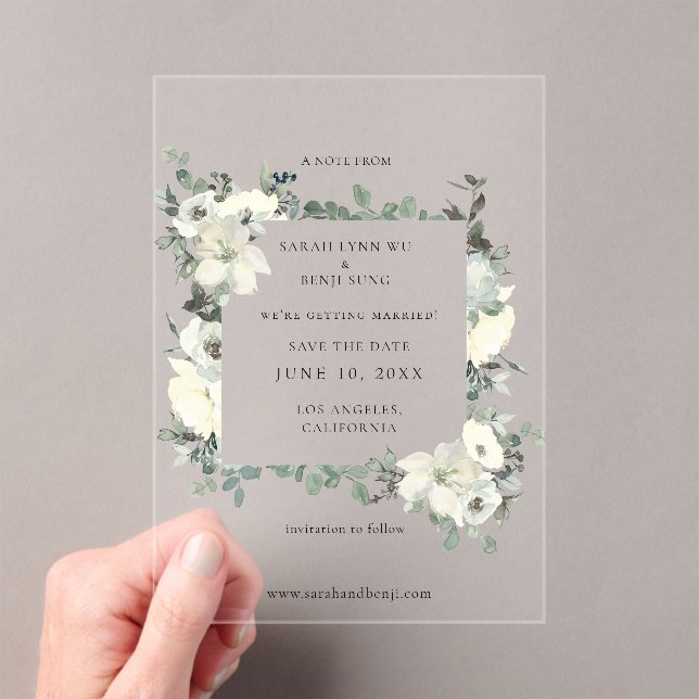 Invitations En Acrylique Dusty Blue & White Floral Enregistrer La Date (In situ (ordinateur de poche))