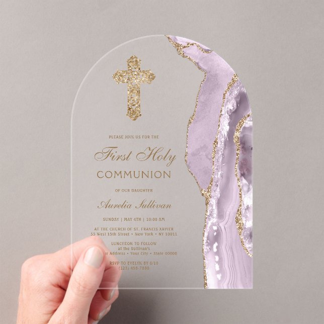 Invitations En Acrylique Dusty Lilac Agate First Communion (In situ (ordinateur de poche))