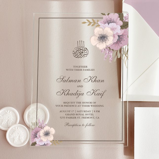 Invitations En Acrylique Dusty Mauve Pink Floral Islamic Muslim Wedding (Créateur téléchargé)