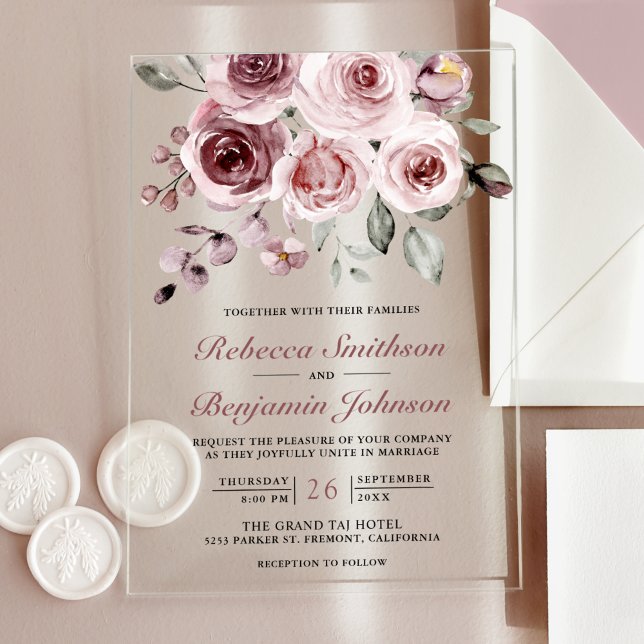 Invitations En Acrylique Dusty Pink Roses Wedding (Créateur téléchargé)
