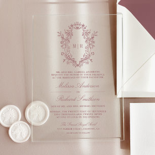 Invitations En Acrylique Dusty Rose Chinoiserie Crest Monogram Mariage