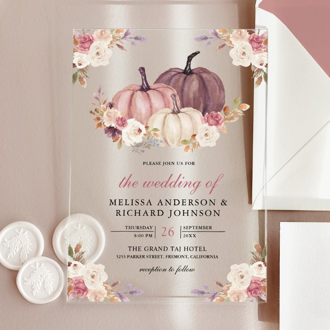 Invitations En Acrylique Dusty Rose Pink Pumpkin and Ivory Floral Wedding (Créateur téléchargé)