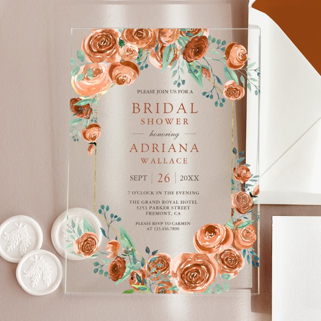 Invitations En Acrylique Earthy Burnt Orange Roses Floral Bridal Shower (Créateur téléchargé)