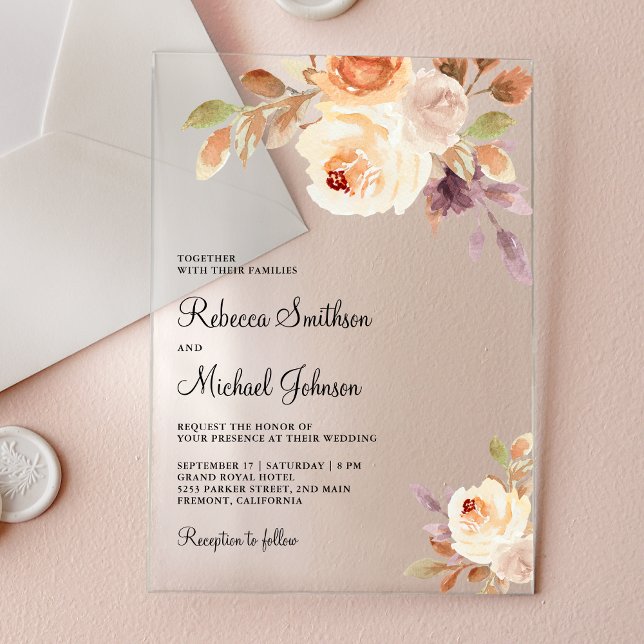 Invitations En Acrylique Earthy Dusty Peach Floral Wedding (Créateur téléchargé)