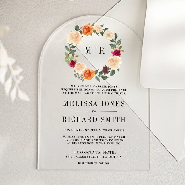 Invitations En Acrylique Earthy Floral Wreath Wedding (Créateur téléchargé)