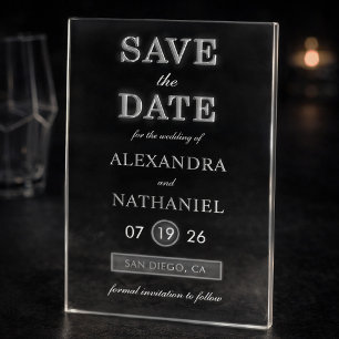 Invitations En Acrylique Économisez la date moderne minimaliste noir blanc 