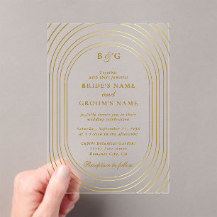 Invitations En Acrylique Effacer le Mariage de monogramme des arcs or trans